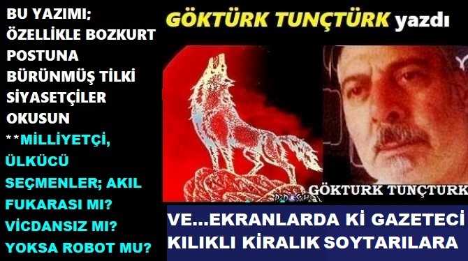 “BOZKURT POSTUNA BÜRÜNMÜŞ, TİLKİ SİYASETÇİLERE” CEVABIM VAR.. “MİLLİYETÇİ, ÜLKÜCÜ SEÇMENLER; AKIL FUKARASI MI? VİCDANSIZ MI? YOKSA ROBOT MU?”