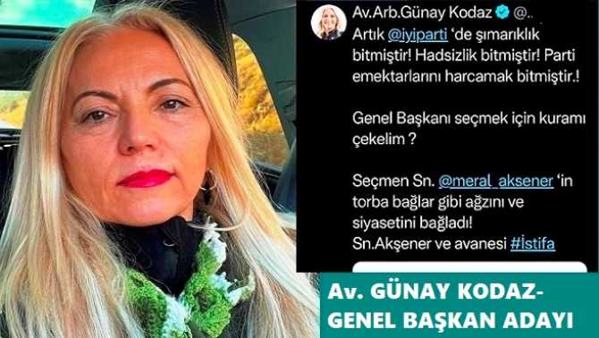 GENEL BAŞKAN ADAYI OLAN; TARİH ÖĞRETMENİ, ARABULUCU AVUKAT ve İYİ PARTİ KURUCU ÜYESİ GÜNAY KODAZ : “MERAL AKŞENER ve AVANESİ DERHAL İSTİFA ETMELİDİR”