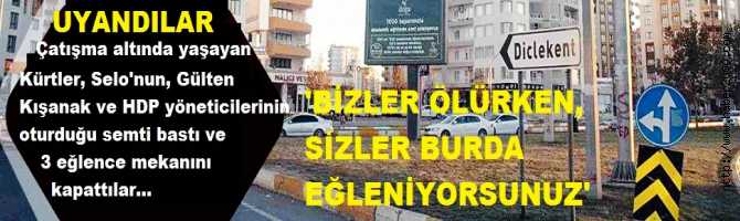 HELE ŞÜKÜR, KÜRTLER UYANIYOR.. KÜRTLER, SELO'nun, GÜLTEN KIŞANAK'ın ve HDP YÖNETİCİLERİN DİYARBAKIR'da OTURDUĞU LÜKS SEMTİ BASIP, 3 EĞLENCE MEKANINI KAPATTILAR. 'BİZLER ÖLÜRKEN, SİZLER BURDA EĞLENİYORSUNUZ'