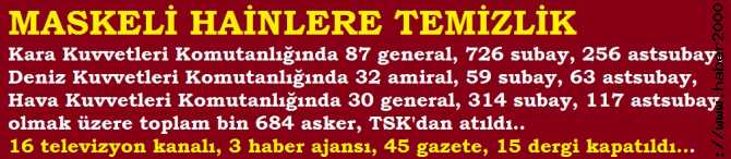 MASKELİ HAİNLERE DEV TEMİZLİK OPERASYONU.. TSK'dan ATILDILAR, TV'leri, AJANSLARI, GAZETELERİ, AJANSLARI KAPATILDI