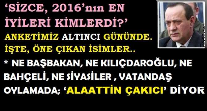 NE BAŞBAKAN, NE KILIÇDAROĞLU, NE BAHÇELİ, NE SİYASİLER , VATANDAŞ OYLAMADA; ‘ALAATTİN ÇAKICI’ DİYOR.. ‘SİZCE, 2016’NIN EN İYİLERİ KİMLERDİ?’ ANKETİMİZ ALTINCI GÜNÜNDE. İŞTE, ÖNE ÇIKAN İSİMLER