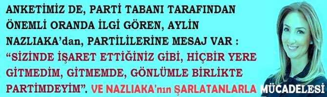 AYLİN NAZLIAKA’dan, PARTİLİLERİNE MESAJ VAR : “SİZİNDE İŞARET ETTİĞİNİZ GİBİ, HİÇBİR YERE GİTMEDİM, GİTMEMDE, TÜM GÖNLÜMLE PARTİMDEYİM”