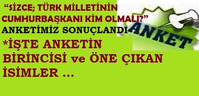  “SİZCE; TÜRK MİLLETİNİN CUMHURBAŞKANI KİM OLMALI?” ANKETİMİZ SONUÇLANDI. İŞTE ANKETİN BİRİNCİSİ ve ÖNE ÇIKAN İSİMLER