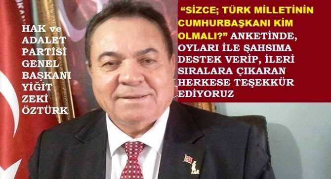 HAP GENEL BAŞKANI YİĞİT ZEKİ ÖZTÜRK'TEN, TEŞEKKÜR MESAJI