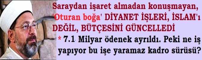 DİYANET, KARA DELİK GİBİ.. PARAYA DOYMUYOR.. DİYANET; İSLAM'ı DEĞİL, BÜTÇESİNİ GÜNCELLEDİ.. 7.1 MİLYAR LİRA ÖDENEĞİ KAPTI.. PEKİ, SARAYDAN İŞARET ALMADAN KONUŞAMAYAN BU İŞE YARAMAZ KADRO SÜRÜSÜ NE İŞLER YAPIYORLAR ?