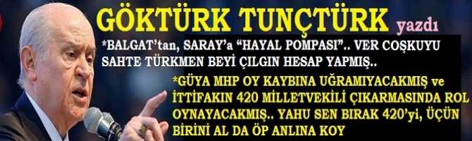 BALGAT’tan, SARAY’a “HAYAL POMPASI”.. VER COŞKUYU.. SAHTE TÜRKMEN BEYİ ÇILGIN HESAP YAPMIŞ. GÜYA MHP OY KAYBINA UĞRAMIYACAKMIŞ ve İTTİFAKIN 420 MİLLETVEKİLİ ÇIKARMASINDA ROL OYNAYACAKMIŞ.. YAHU SEN BIRAK 420’yi, ÜÇÜN BİRİNİ AL DA ÖP ANLINA KOY 