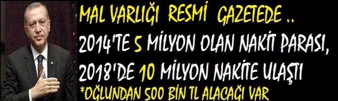 ERDOĞAN'ın MAL VARLIĞI RESMİ GAZETEDE : 2014'te 5 MİLYON OLAN NAKİT PARASI 4 YILDA İKİ KAT ARTTI, ŞİMDİ 10 MİLYON LİRA GÖZÜKÜYOR VE DİĞERLERİ