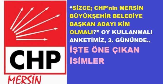 “SİZCE; CHP’nin MERSİN BÜYÜKŞEHİR BELEDİYE BAŞKAN ADAYI KİM OLMALI?” OY KULLANMALI ANKETİMİZ, 3. GÜNÜNDE.. İŞTE ÖNE ÇIKAN İSİMLER