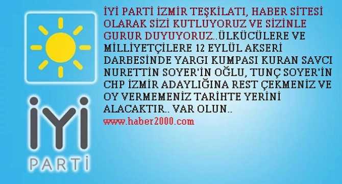 İŞTE BU .. HELAL SİZE İYİ PARTİ İZMİR TEŞKİLATI.. 12 EYLÜLDE ÜLKÜCÜLERE YARGI ZULMÜNÜ REVA GÖREN SAVCININ OĞLU CHP ADAYI TUNÇ SOYER'İN ADAYLIĞINA REST ÇEKMENİZ BOZKURTLARI SEVİNDİRMİŞTİR