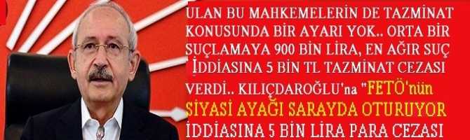 ULAN BU MAHKEMELERİN DE TAZMİNAT KONUSUNDA BİR AYARI YOK.. ORTA BİR SUÇLAMAYA 900 BİN LİRA, EN AĞIR SUÇ İDDİASINA 5 BİN TL TAZMİNAT CEZASI VERDİ.. KILIÇDAROĞLU'na 