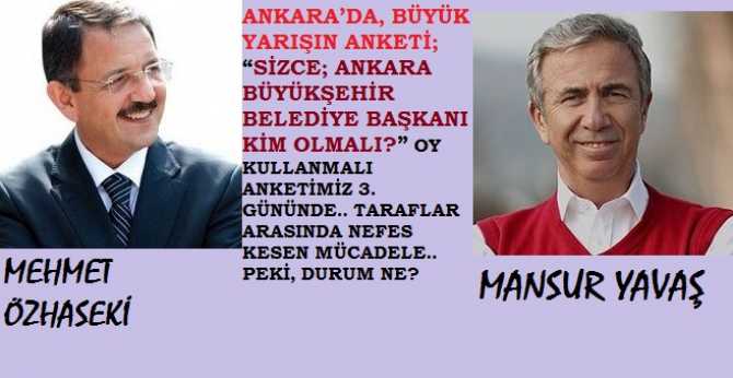 ANKARA’DA, BÜYÜK YARIŞIN ANKETİ; “SİZCE; ANKARA BÜYÜKŞEHİR BELEDİYE BAŞKANI KİM OLMALI?” OY KULLANMALI ANKETİMİZ 3. GÜNÜNDE.. TARAFLAR ARASINDA NEFES KESEN MÜCADELE.. PEKİ, DURUM NE?