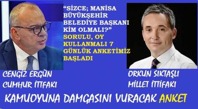 KAMUOYUNA DAMGASINI VURACAK BÜYÜK ANKET..“SİZCE; MANİSA BÜYÜKŞEHİR BELEDİYE BAŞKANI KİM OLMALI?” SORULU, OY KULLANMALI 7 GÜNLÜK ANKETİMİZ BAŞLADI.. HAYDİ; SEN DE ADAYIN İÇİN OYUNU KULLAN