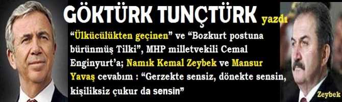 “Ülkücülükten geçinen” ve “Bozkurt postuna bürünmüş, Tilki”, MHP milletvekili Cemal Enginyurt’a; Namık Kemal Zeybek ve Mansur Yavaş cevabım : “Gerzek te sensiz, dönek te sensin, kişiliksiz çukur da sensin”