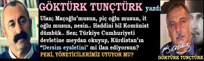 Ulan; Maçoğlu’musun, piç oğlu musun, it oğlu musun, nesin.. Haddini bil Komünist dümbük.. Sen; Türkiye Cumhuriyeti devletine meydan okuyup, Kürdistan’ın “Dersim” eyaletini mi ilan ediyorsun? Peki, bu bölücü girişim karşında bizim devletin yöneticileri nerede?