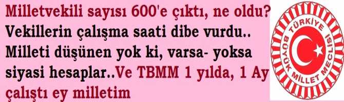 Milletvekili sayısı 600'e çıktı, ne oldu? Vekillerin çalışma saati dibe vurdu.. Milleti düşünen yok ki, varsa- yoksa siyasi hesaplar..Ve TBMM 1 yılda, 1 Ay çalıştı ey milletim