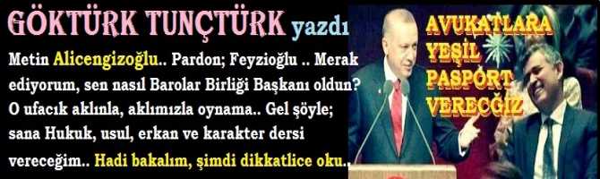 Metin Alicengizoğlu.. Pardon; Feyzioğlu .. Merak ediyorum, sen nasıl Barolar Birliği Başkanı oldun? O ufacık aklınla, aklımızla oynama.. Gel şöyle; sana Hukuk, usul, erkan ve karakter dersi vereceğim.. Hadi bakalım, şimdi dikkatlice oku..