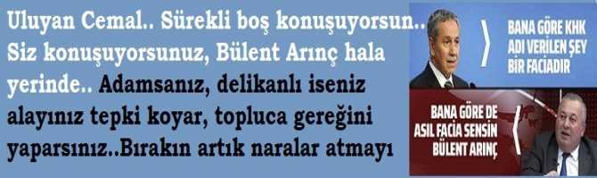 Uluyan Cemal.. Sürekli boş konuşuyorsun.. Siz konuşuyorsunuz, Bülent Arınç hala yerinde.. Adamsanız, delikanlı iseniz alayınız tepki koyar, topluca gereğini yaparsınız..Bırakın artık naralar atmayı