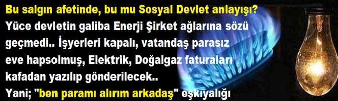 Bu salgında, bu mu Sosyal Devlet anlayışı? Yüce devletin galiba Enerji Şirket ağlarına sözü geçmedi..İşyerleri kapalı, vatandaş parasız eve hapsolmuş, Elektrik, Doğalgaz faturaları kafadan yazılıp gönderilecek. 