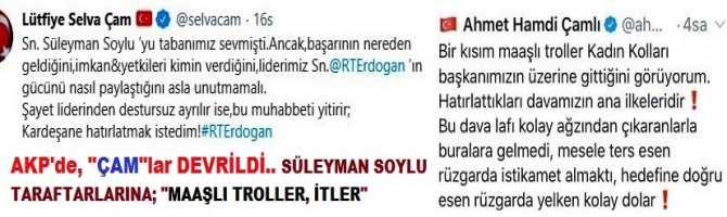 AKP’de “Çam”lar devrildi.. Kadın Kolları Genel Başkanı Selva Çam, Süleyman Soylu’ya ayar vermeye kalkışınca, Soylu taraftarlarının hışmına uğradı.. Milletvekili Çamlı’da Soylu’yu taraftarlarına “maaşlı troller, itler” deyince ortalık karıştı  