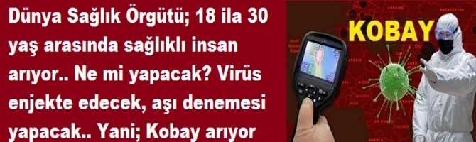 Dünya Sağlık Örgütü; 18 ila 30 yaş arasında sağlıklı insan arıyor.. Ne mi yapacak? Virüs enjekte edecek, aşı denemesi yapacak.. Yani; Kobay arıyor