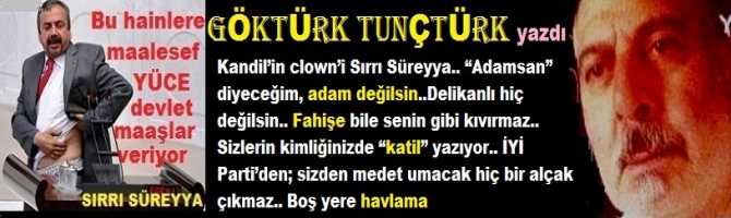 Kandil’in clown’i Sırrı Süreyya.. “Adamsan” diyeceğim, adam değilsin..Delikanlı hiç değilsin.. Fahişe bile senin gibi kıvırmaz.. Sizlerin kimliğinizde “katil” yazıyor.. İYİ Parti’den; sizden medet umacak hiç bir alçak çıkmaz.. Boş yere havlama