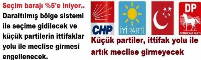 Seçim barajı %5'e iniyor.. Buna göre ittifak sistemine son verilecek gibi. Küçük partilerin meclise girmesi engellenecek. Davutoğlu ve Babacan’a da “İttifaklara katılmayın, seçime girin” mesajı var. Hedef Millet ittifakını parçalamak ve zayıflatmak 