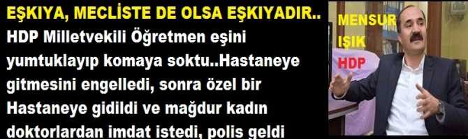 EŞKIYA, MECLİSTE DE OLSA EŞKIYADIR.. HDP Milletvekili Öğretmen eşini yumruklayıp komaya soktu..Hastaneye gitmesini engelledi, sonra özel bir Hastaneye gidildi ve mağdur kadın doktorlardan imdat istedi, polis geldi