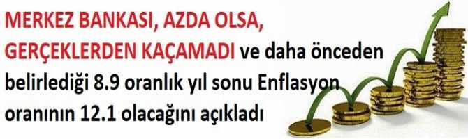 MERKEZ BANKASI, AZDA OLSA, GERÇEKLERDEN KAÇAMADI ve daha önceden belirlediği 8.9 oranlık yıl sonu Enflasyon oranının 12.1 olacağını açıkladı 
