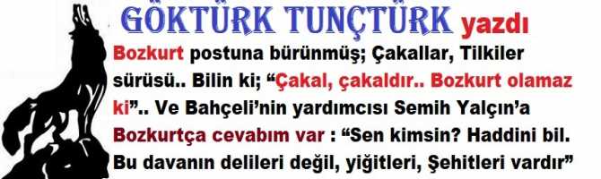 Bozkurt postuna bürünmüş; Çakallar, Tilkiler sürüsü.. Bilin ki; “Çakal, çakaldır.. Bozkurt olamaz ki”.. Ve Bahçeli’nin yardımcısı Semih Yalçın’a Bozkurtça cevabım var : “Sen kimsin? Haddini bil. Bu davanın delileri değil, yiğitleri, Şehitleri vardır”