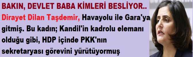 BAKIN, DEVLET BABA KİMLERİ BESLİYOR.. Dirayet Dilan Taşdemir, Havayolu ile Gara'ya gitmiş. Bu kadın; Kandil'in kadrolu elemanı olduğu gibi, HDP içinde PKK'nın sekretaryası görevini yürütüyormuş