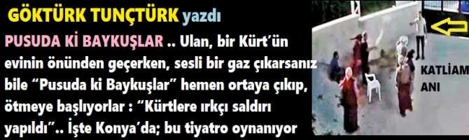 PUSUDA Kİ BAYKUŞLAR .. Ulan, bir Kürt’ün evinin önünden geçerken, sesli bir gaz çıkarsanız bile “Pusuda ki Baykuşlar” hemen ortaya çıkıp, ötmeye başlıyorlar : “Kürtlere ırkçı saldırı yapıldı”.. İşte Konya’da; bu tiyatro oynanıyor