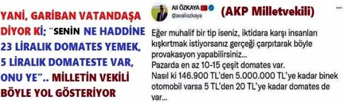 YANİ DİYOR Kİ; SİZDE KÖTÜSÜNÜ YİYİN.. AKP Milletvekili DOMATESİN 22.95 liraya satılmasının normal olduğunu belirterek; halka; 