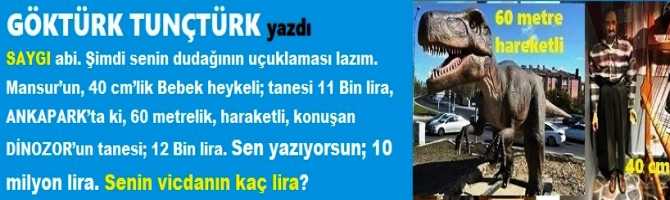 SAYGI abi. Şimdi senin dudağının uçuklaması lazım. Mansur’un, 40 cm’lik Bebek heykeli; tanesi 11 Bin lira, ANKAPARK’ta ki, 60 metrelik, haraketli, konuşan DİNOZOR’un tanesi; 12 Bin lira. Sen yazıyorsun; 10 milyon lira. Senin vicdanın kaç lira?