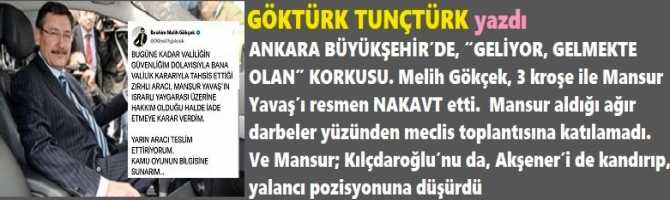 Ankara Büyükşehir'de, “GELİYOR, GELMEKTE OLAN” Korkusu. Melih Gökçek, 3 kroşe ile Mansur Yavaş’ı resmen NAKAVT etti. Mansur aldığı ağır darbeler yüzünden meclis toplantısına katılamadı. Ve Mansur; Kılçdaroğlu’nu da kandırıp, yalancı pozisyonuna düşürdü