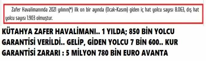 KÜTAHYA ZAFER HAVALİMANI.. 1 YILDA; 850 BİN YOLCU GARANTİSİ VERİLDİ.. GELİP, GİDEN YOLCU 7 BİN 600.. KUR GARANTİSİ ZARARI : 5 MİLYON 780 BİN EURO AVANTA