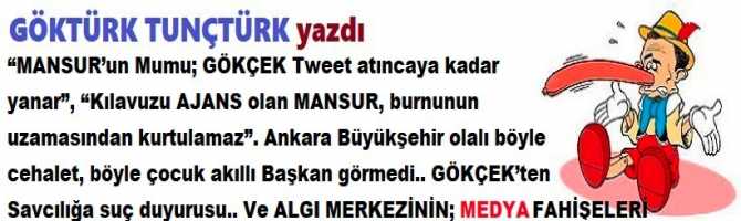 “MANSUR’un Mumu; GÖKÇEK Tweet atıncaya kadar yanar”, “Kılavuzu AJANS olan MANSUR, burnunun uzamasından kurtulamaz”. Ankara Büyükşehir olalı, böyle cehalet, böyle çocuk akıllı Başkan görmedi.. Ve ALGI MERKEZİNİN; MEDYA FAHİŞELERİ