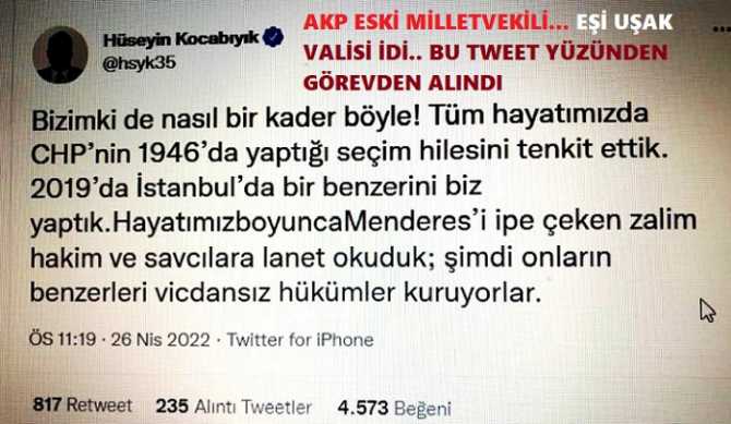 HALEN AKP'li OLAN ESKİ MİLLEVEKİLİ GEZİ KARARINI ELEŞTİRİNCE, UŞAK VALİSİ OLAN EŞİ GÖREVDEN ALINDI