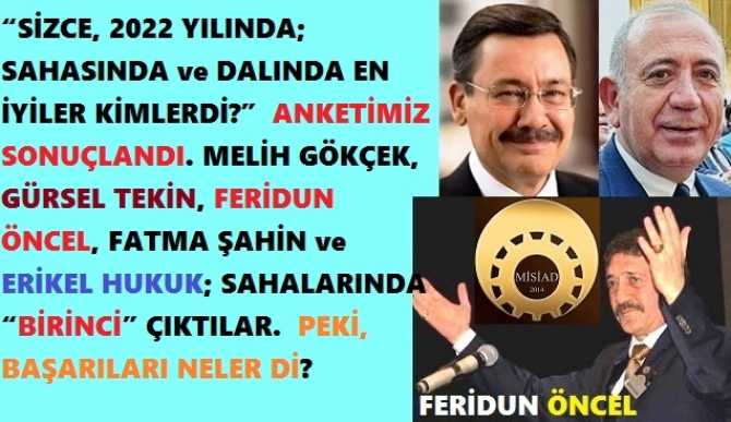 “SİZCE, 2022 YILINDA; SAHASINDA ve DALINDA EN İYİLER KİMLERDİ?”  ANKETİMİZ SONUÇLANDI. MELİH GÖKÇEK, GÜRSEL TEKİN, FERİDUN ÖNCEL, FATMA ŞAHİN ve ERİKEL HUKUK; SAHALARINDA “BİRİNCİ” ÇIKTILAR.  PEKİ, BAŞARILARI NELER Dİ?