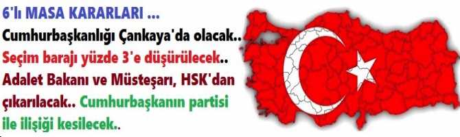 6'lı MASA KARARLARI ... Cumhurbaşkanlığı Çankaya'da olacak.. Seçim barajı yüzde 3'e düşürülecek.. Adalet Bakanı ve Müsteşarı, HSK'dan çıkarılacak.. Cumhurbaşkanın partisi ile ilişiği kesilecek.. 