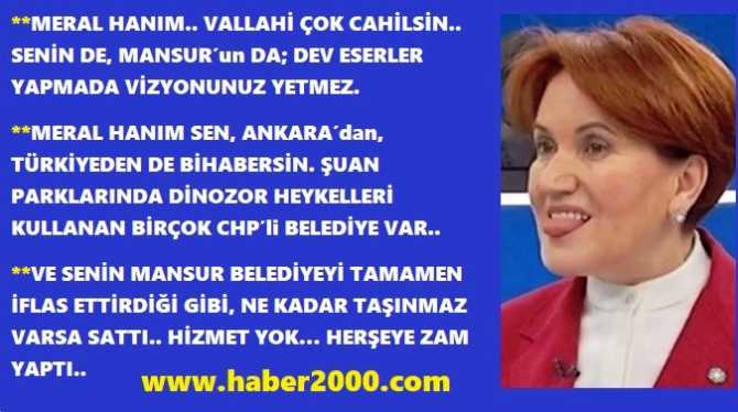 “MERAL HANIM, VALLAHİ ÇOK CAHİLSİNİZ. SENİN de, MANSUR’un da; DEV ESERLER YAPMADA VİZYONUNUZ YETMEZ. SEN; ANKARA’dan da, TÜRKİYE’den de BİHABERSİN. ŞİMDİ CEVAP VER”