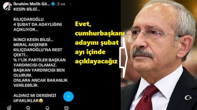 Melih Gökçek dün; “Kesin bilgi” diye duyurmuştu. Ve Kılıçdaroğlu, Gökçek’i bugün doğruladı; “Şubat ayında adayımızı açıklayacağız” dedi