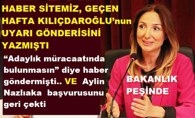 HABER SİTEMİZ, GEÇEN HAFTA KILIÇDAROĞLU’nun UYARISINI YAZMIŞTI. AYLİN NAZLIAKA, ADAY ADAYLIĞINI GERİ ÇEKTİ