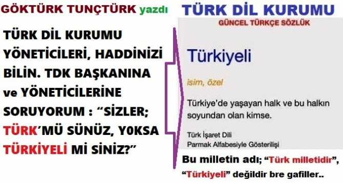 TÜRK DİL KURUMU YÖNETİCİLERİ, HADDİNİZİ BİLİN. TDK BAŞKANINA ve YÖNETİCİLERİNE SORUYORUM : “SİZLER; TÜRK’MÜ SÜNÜZ, Y0KSA TÜRKİYELİ Mİ SİNİZ?”