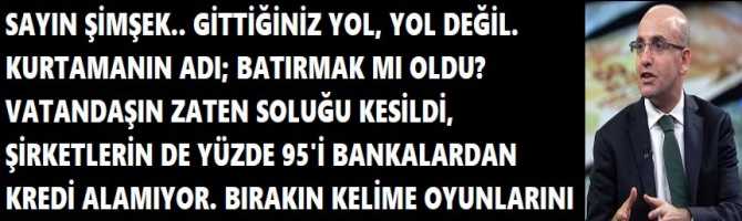 SAYIN ŞİMŞEK.. GİTTİĞİNİZ YOL, YOL DEĞİL. KURTAMANIN ADI; BATIRMAK MI OLDU? VATANDAŞIN ZATEN SOLUĞU KESİLDİ, ŞİRKETLERİN DE YÜZDE 95'İ BANKALARDAN KREDİ ALAMIYOR. BIRAKIN KELİME OYUNLARINI