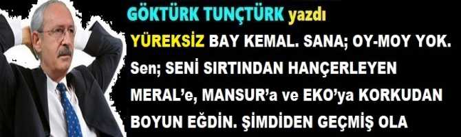 YÜREKSİZ BAY KEMAL. SANA; OY-MOY YOK. Sen; SENİ SIRTINDAN HANÇERLEYEN MERAL’e, MANSUR’a ve EKO’ya KORKUDAN BOYUN EĞDİN. ŞİMDİDEN GEÇMİŞ OLA..