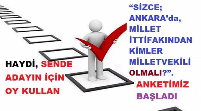 “SİZCE; ANKARA’da, MİLLET İTTİFAKI’ndan; KİMLER MİLLETVEKİLİ OLMALI?”. BÜYÜK ANKETİMİZ BAŞLADI. HAYDİ, SENDE ADAYIN İÇİN OY KULLAN